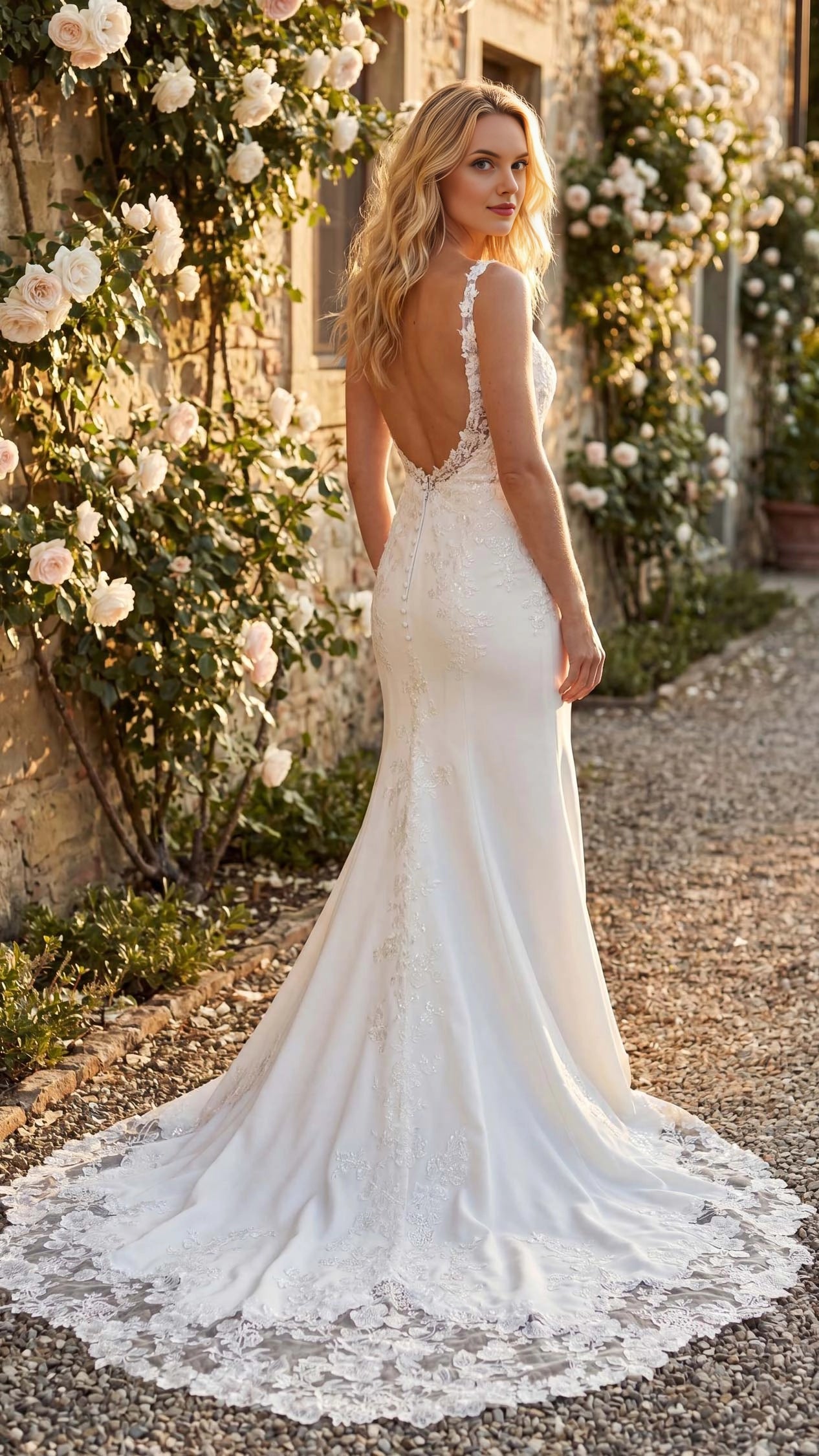 Vedress lace mermaid bridal gown back view with deep v low back and lace edged train